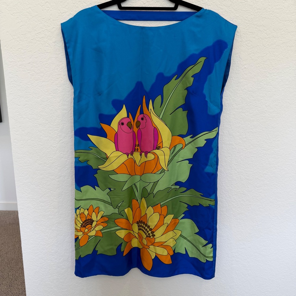 Tibi New York Blue Silk Tropical‎ Parrot Floral Shift Dress Sz 8 Mini Sleeveless